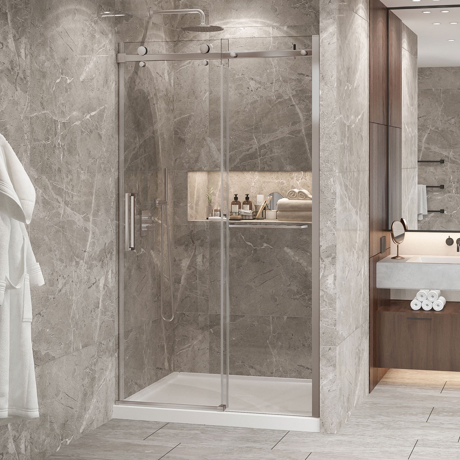 Shower base 48 x 42, in alcove, in glossy white